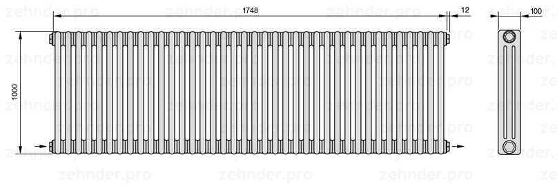 Схема (чертеж) Радиатор Zehnder Charleston 3100/38 №2670 Белый глянцевый RAL 9016